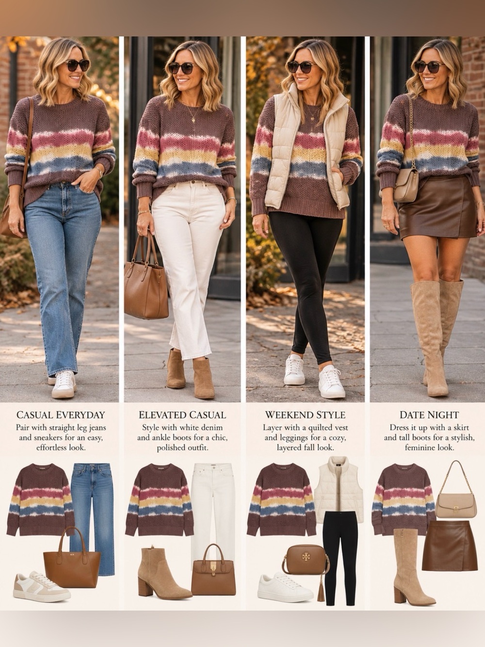 Knox Rose Brown Multi-Stripe Crewneck Sweater